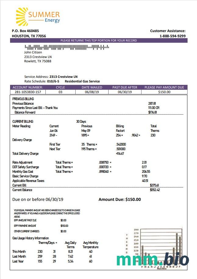 USA Texas Summer Energy łatwy do wypełnienia szablon rachunku za media w formacie Word i PDF